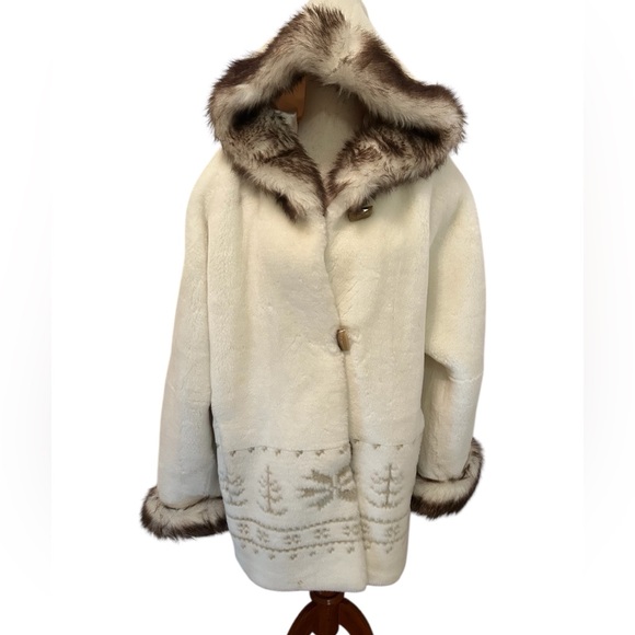 VTG 90s COLDWATER CREEK Faux Fur Hooded Plush Coat Cream Nordic Snowflake Sz L - Picture 1 of 13